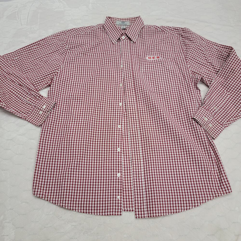 Vantage HEB Employee Uniform Shirt Mens Large Red Gingham Check Button Down